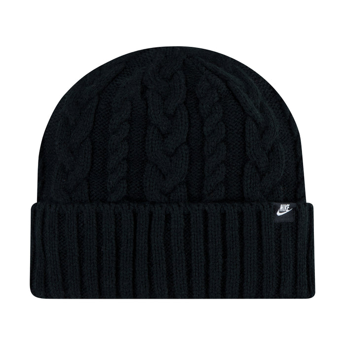 Black cable knit youth beanie with ribbed cuff and small Nike logo