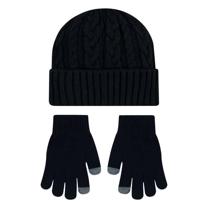 Youth beanie and gloves set in black, cable knit beanie and five-finger gloves