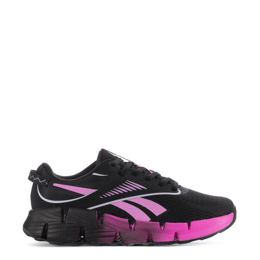 Youth black lace-up running sneakers with pink logo stripes and textured sole