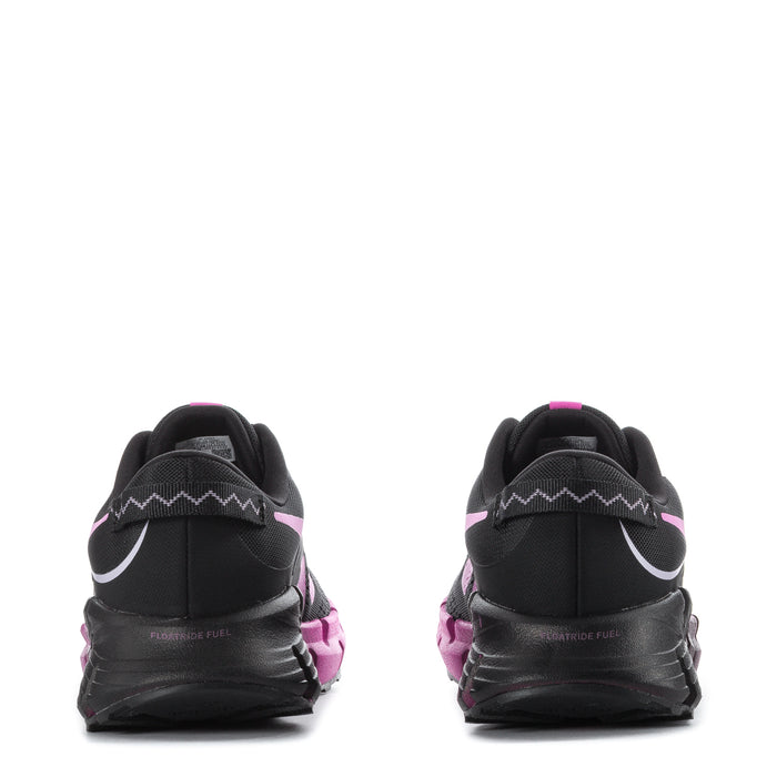 Youth black sneakers with pink heel and collar details, lace-up design