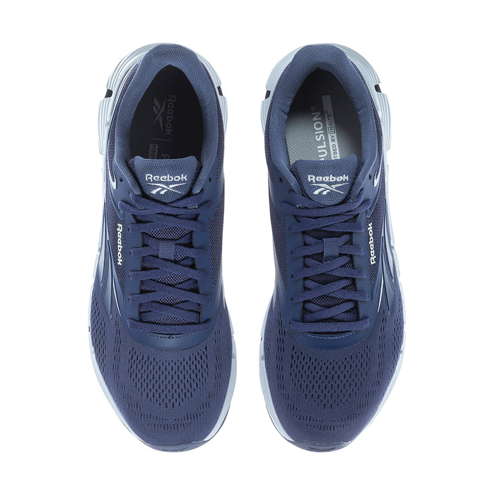 Men's navy Reebok running shoe pair view with lace-up front and mesh texture