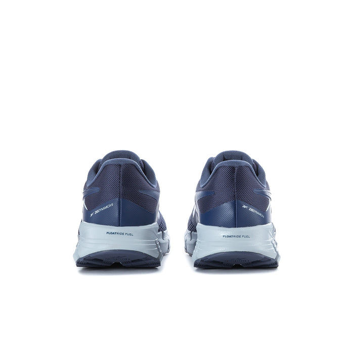 Men's navy Reebok running shoe heel view with cushioned back and white midsole