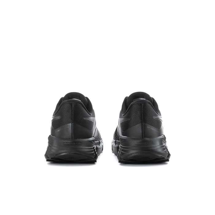 Men's black running shoes, rear view, cushioned heel and molded outsole tread