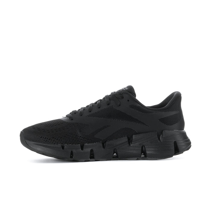 Men's black running shoe, angled side view, breathable mesh upper and lugs