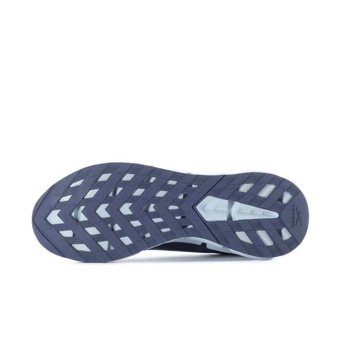 Men's navy Reebok running shoe outsole tread with zigzag pattern and white inserts