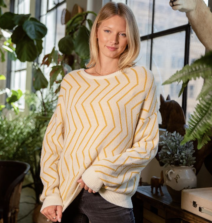 Zig Zag ivory and Musatrd Crewneck Sweater
