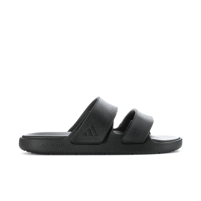 Women's black slide sandals with double wide straps and open toe