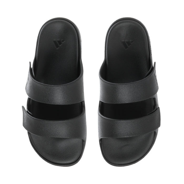 Pair of women's black slide sandals with cushioned footbed and V logo